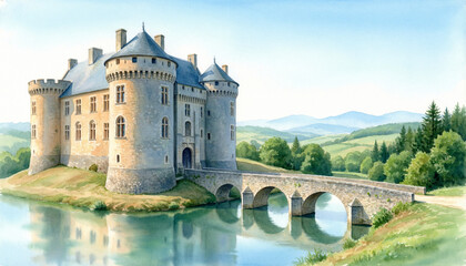Naklejka premium watercolor illustration of a monumental medieval stone french castle