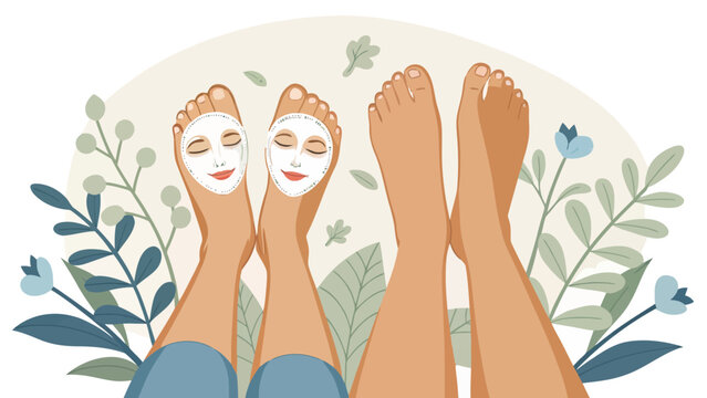 Two people relaxing with feet up wearing facial sheet masks for foot care treatment at home spa skincare treatment wellness lifestyle cosmetic pedicure pampering relaxation selfcare grooming