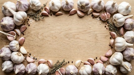 Obraz premium Garlic bulb and clove frame on wooden table