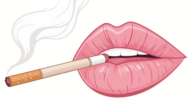 Graphic illustration of human lips smoking a cigarette with cigarette addiction illustration nicotine lifestyle unhealthy isolated background lipstick cosmetic expression