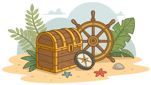 Treasure chest with ship steering wheel and compass illustration treasure adventure nautical tropical starfish exploration illustration elements isolated vacation navigation maritime