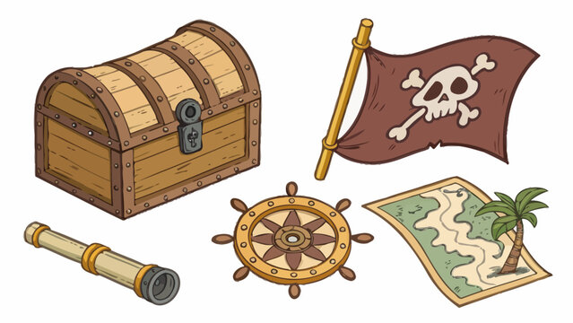Set of pirate treasures including chest flag map and telescope with treasure telescope spyglass nautical adventure exploration illustration collection isolated navigation maritime