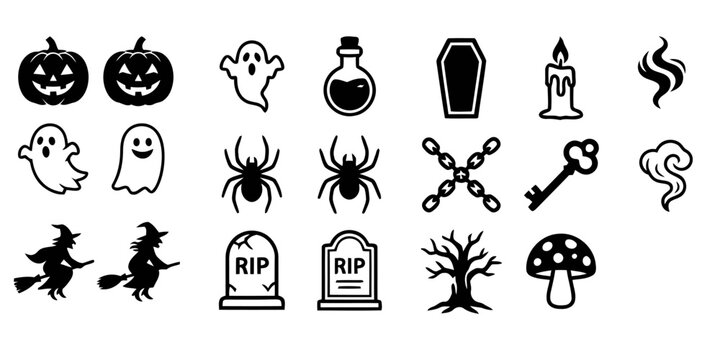 Halloween icons set including pumpkins ghosts spiders and tombstones