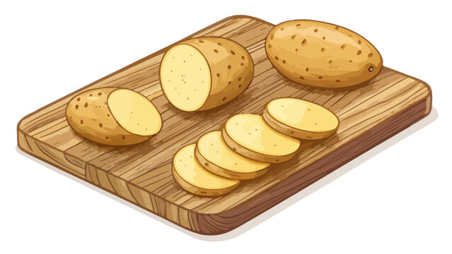 Sliced fresh potatoes on a wooden cutting board with vegetable ingredient nutrition preparation culinary agriculture carbohydrate illustration isolated