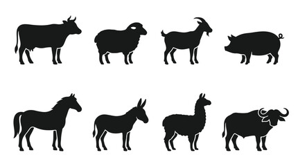 Fototapeta premium Farm animal silhouettes set of 8 vector icons, black livestock profile collection, domestic cattle and horse shapes for butchery or agriculture branding