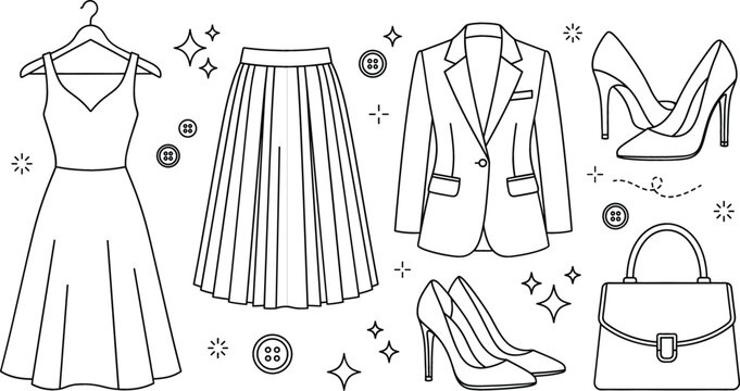 Fashion and apparel icon set with female dress skirt blazer jacket high heel shoes handbag and buttons outline