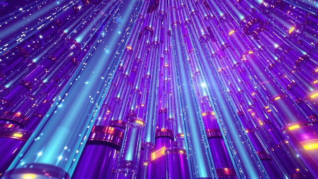 Abstract vertical lines, vibrant purple, blue hues. Light streaks create futuristic, immersive visual experience. Dramatic illumination.