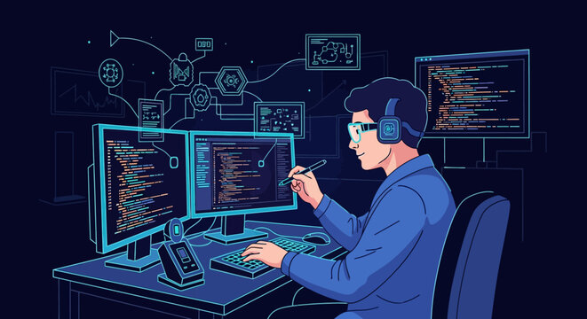 Programmer working on multiple computer screens with headphones and glasses.