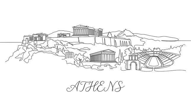 Continuous line drawing of athens skyline, greece minimalist vector illustration of the acropolis and ancient monuments isolated on white background
