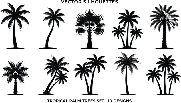 Tropical Palm Tree Silhouette Vector Set with Ten Different Exotic Botanical Designs for Summer Beach Vacations, Travel Branding, and Island Landscape Graphic Projects