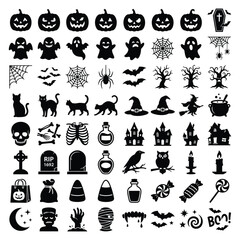 Obraz premium Halloween Silhouette Icons Collection Editable EPS – Pumpkin, Ghost, Bat, Spider, Witch, Skull, Haunted House, Graveyard and Spooky Vector Set