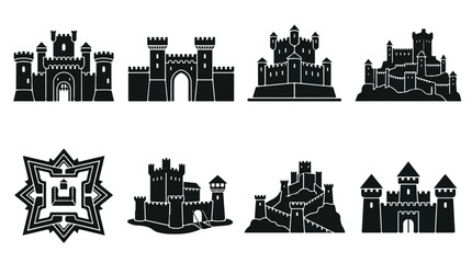 Obraz premium Medieval castle silhouette icons set, ancient fortress and citadel vector collection, 8 black stone palace and star fort symbols for gaming and history
