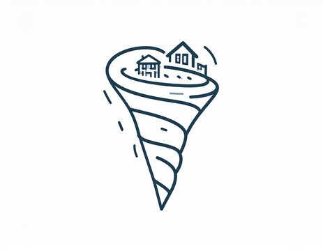 Minimalist tornado icon with houses spinning in a storm vector illustration