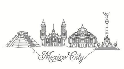 Obraz premium Mexico city skyline, vector illustration famous landmarks including the metropolitan cathedral, palacio de bellas artes, and the angel of independence isolated on white background