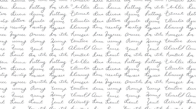 Seamless pattern of grey handwritten cursive script text on a white background handwriting