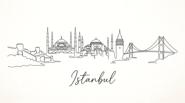 Istanbul city skyline, continuous line drawing, landmarks silhouette, vector illustration of famous buildings, travel concept, isolated on white background