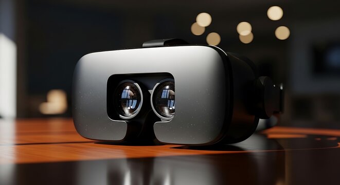 Virtual Reality Headset Close Up on Wooden Surface.