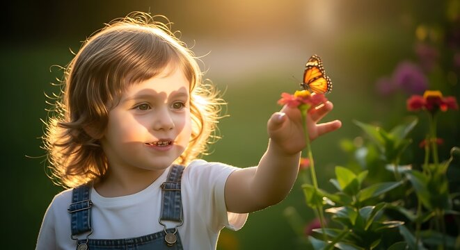 Young Girl Enjoying Nature and Butterfly in Garden.