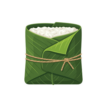 Traditional Asian sticky rice steamed in green leaf wrap vector illustration
