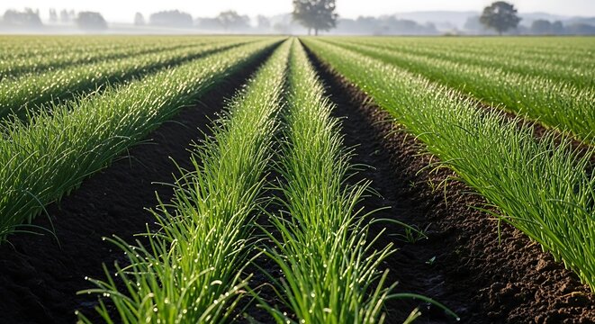 Lush Green Crop Fields with Clear Sky in Background.
