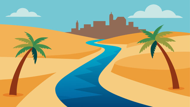 Desert oasis with palm trees and city skyline