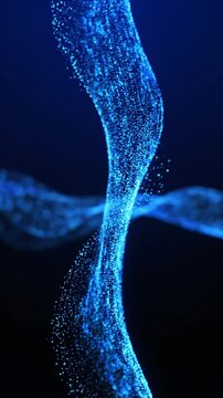 Abstract flowing blue digital particles forming a shimmering wave pattern on dark background