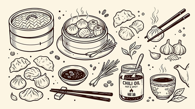 Hand drawn set in vintage outline illustration style of steamed dumplings and dim sum with chopsticks