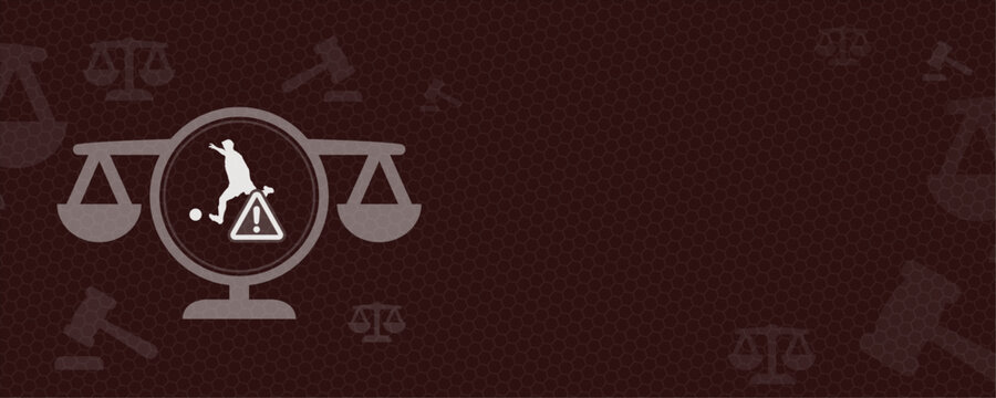 This graphic design features a balanced scale symbol combined with a sports warning icon and ample copy space. It represents legal issues in professional football and sports law.