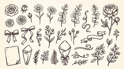Fototapeta premium Hand drawn vector illustration of various flowers and plants with decorative elements in ink line style on a beige background