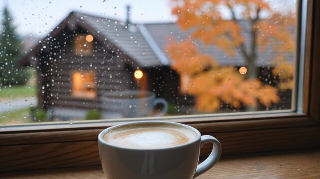 Cozy rainy day coffee by a window with autumn leaves and a cottage