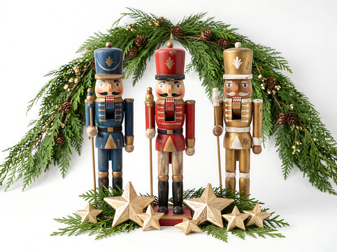 A photorealistic holiday arrangement of hand-painted wooden nutcracker soldiers, gold foil ornaments, and cedar garland on pure white background