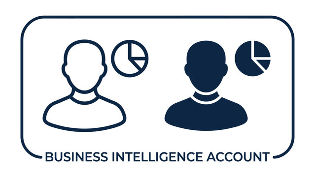 Business Intelligence Icon: Two user icons, one outlined and one solid silhouette, are accompanied by pie chart icons, representing business intelligence and account analysis.