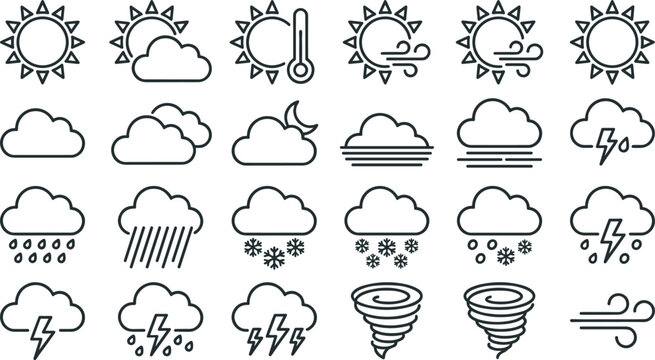 Weather Forecast Line Icon Set Featuring Sun Clouds Rain Snow and Thunderstorm Symbols for Mobile Apps Interfaces and Web Graphic Designs