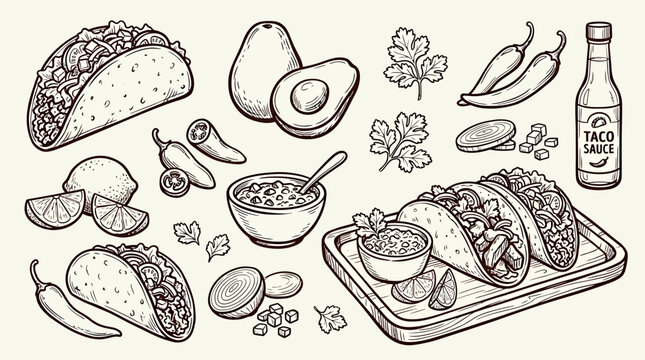 A sketch vector set of tacos and ingredients on a plate with bottle and bowl