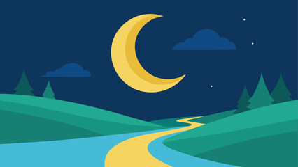 Night landscape with crescent moon and winding road © sumona