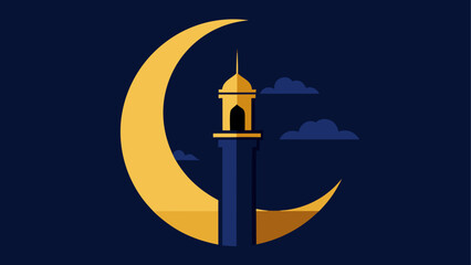 Golden crescent moon with mosque tower at night © sumona