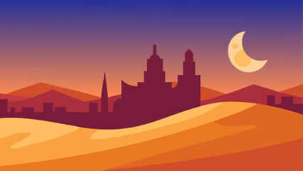 Desert cityscape at sunset with crescent moon © sumona