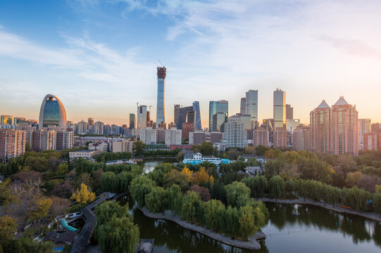 Beijing Skyline at Sunset with Modern Architecture and River