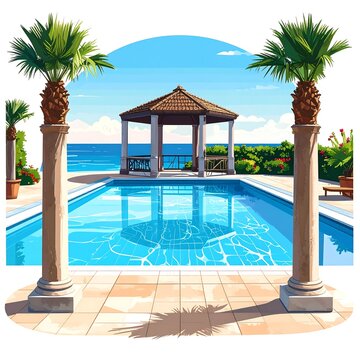 Modern infinity pool with palm trees and cabana.
