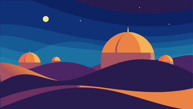 Desert landscape with mosque at sunset