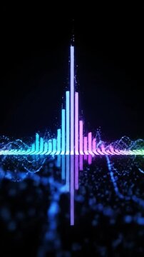 Abstract neon sound wave visualization with glowing particles and equalizer on dark background