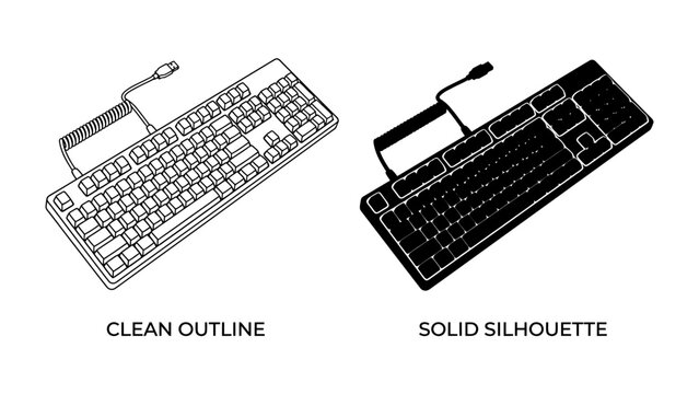 Keyboard Graphics: Two distinct keyboard designs, one a clean outline and the other a solid silhouette, offering versatile visual options for technology and design projects.