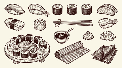 A sketch vector set of various sushi types on a plate and sushi-making tools © Crushin