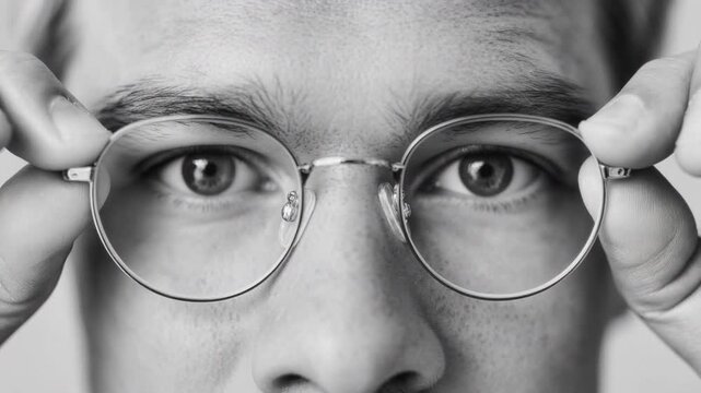 Close-up black and white photo of person wearing round metal frame eyeglasses adjusting glasses with both hands focusing on eyes and facial details