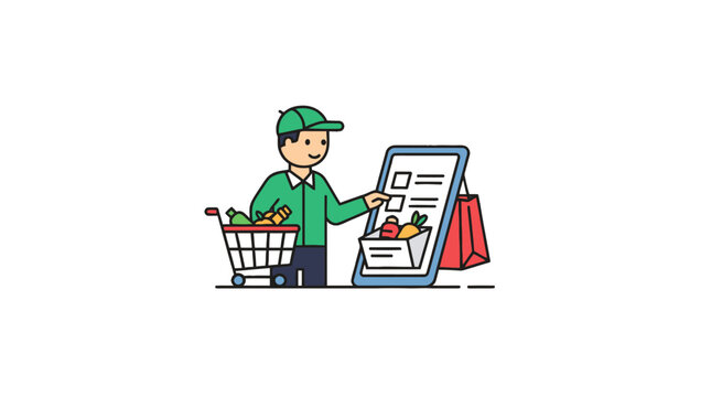 Man shopping with cart and list