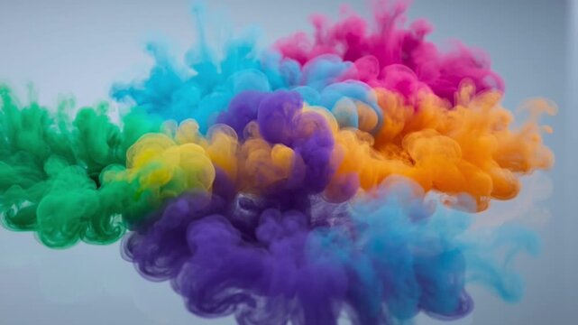 Colorful abstract ink clouds bloom underwater in slow motion