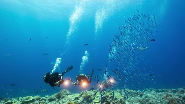 SCUBA Divers watch as large school of fish swim and shoal above coral reef