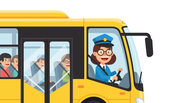 A cheerful female bus driver in uniform and glasses driving a yellow school bus with passengers inside.