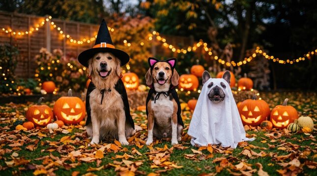 Three dogs in halloween costumes sitting on grass with pumpkins and lights