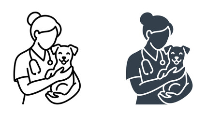 Fototapeta premium Veterinarian and Dog Icon: A simple, clean icon set depicting a veterinarian holding a happy, smiling dog. The set includes both outline and filled versions, perfect for medical, animal care.